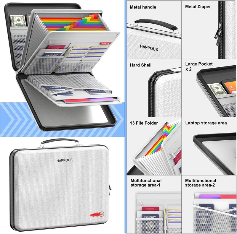 HAPPOUS Fireproof Document Organizer, Expanding File Organizer with 13 Pockets, Portable Fireproof Document Box Hard-Shell Document Organizer Storage for Documents Laptop Passports Cards Gray - Image 4
